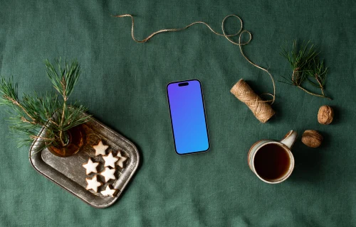 Top view of phone mockup with christmas design