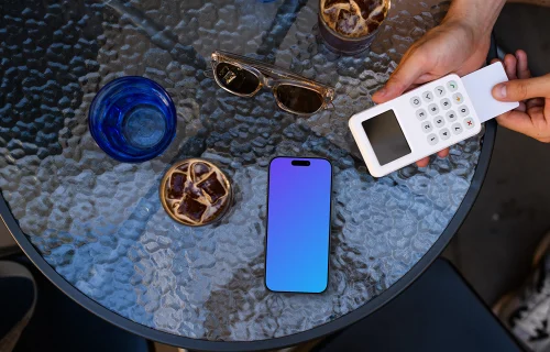 Transaction in the coffee shop and an iPhone mockup