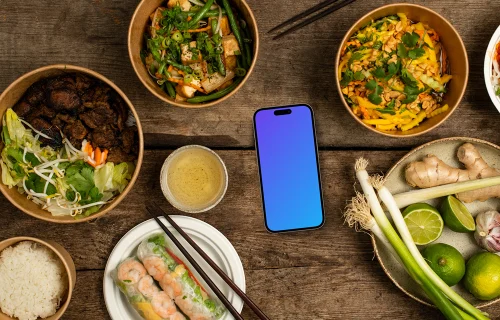 Vietnamese cuisine dishes around Smartphone mockup