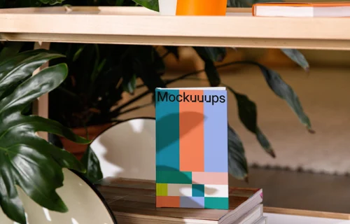 A-format book mockup on a wooden shelf with decor
