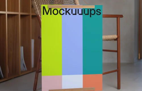 A3 poster mockup on a wooden chair in a cozy interior