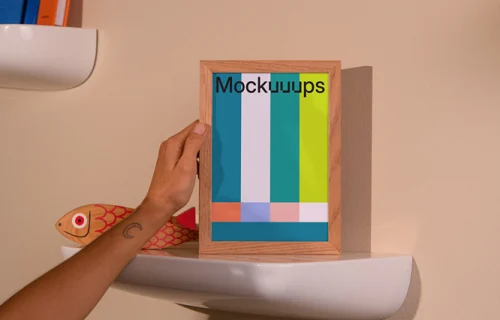 A5 frame mockup on a minimalist wall shelf