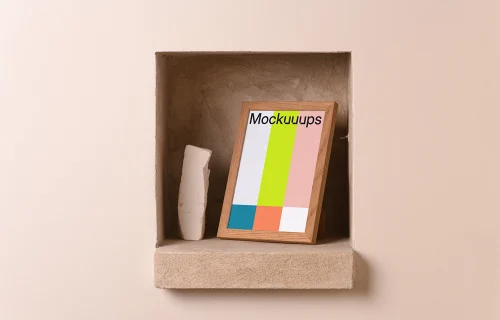 A5 frame mockup on a rustic niche shelf