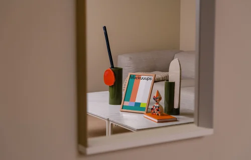 A5 mockup on a modern coffee table with decor