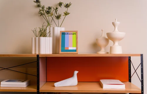 A5 mockup on a wooden shelf with decor