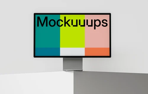 Apple Studio Display mockup on minimal isometric background