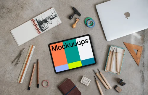 Artist's atelier with landscape tablet mockup