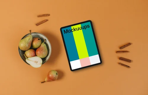 Autumn scene with top view on tablet mockup