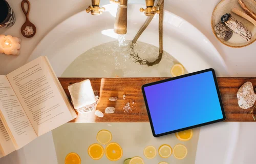 Bathtub relaxation scene with an iPad mockup