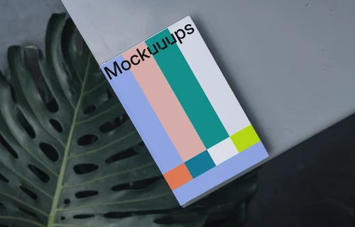 C-format book mockup on a gray surface with a tropical leaf