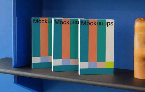 C-format book mockup on a modern shelf