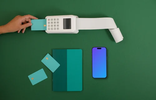 Card payment terminal and an iPhone mockup