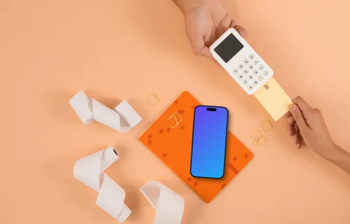 Card payment terminal with an iPhone mockup