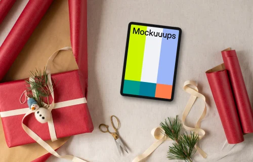 Christmas gift mockup with a tablet