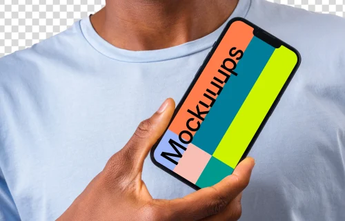 Close up of the iPhone mockup next to the man's face