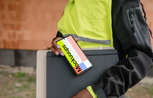 Construction-themed Google Pixel mockup featuring women