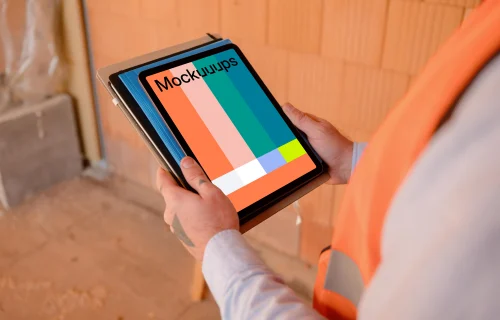 Construction worker holding an iPad mockup
