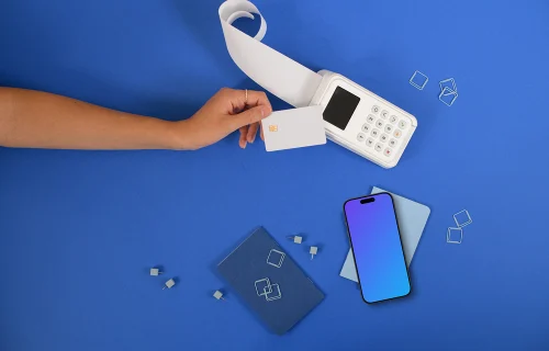 Contactless payment and an iPhone mockup on blue background
