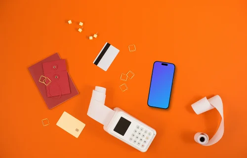 Contactless payment with an iPhone and terminal on the orange background