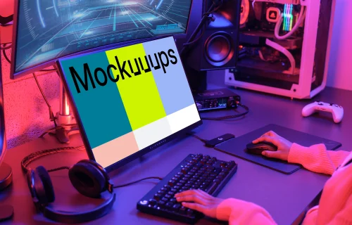 Dell display mockup in a vibrant gaming setup