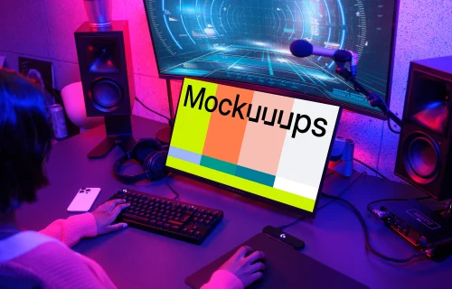 Dell monitor mockup in vibrant gaming setup