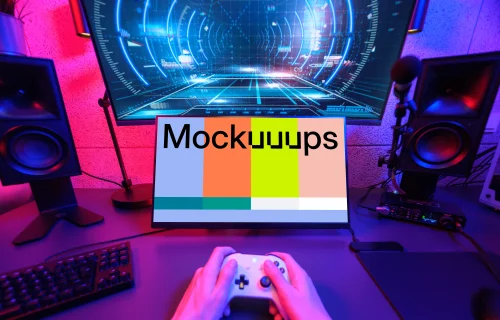 Dell monitor mockup with vibrant gaming setup