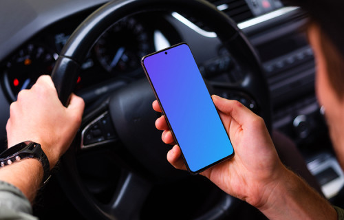 Driver parked up viewing Samsung S20 mockup at the wheel