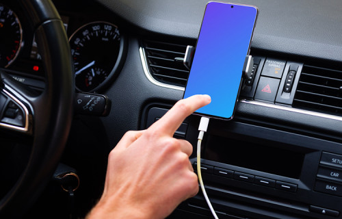 Driver tapping navigation mounted Samsung S20 mockup