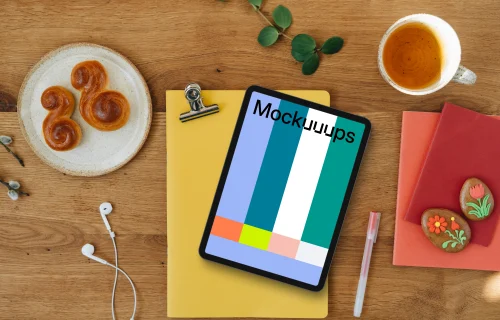 Easter tablet mockup on wooden table