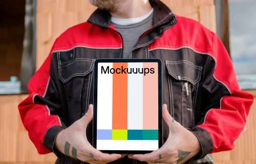 Engineer in construction presenting iPad mockup