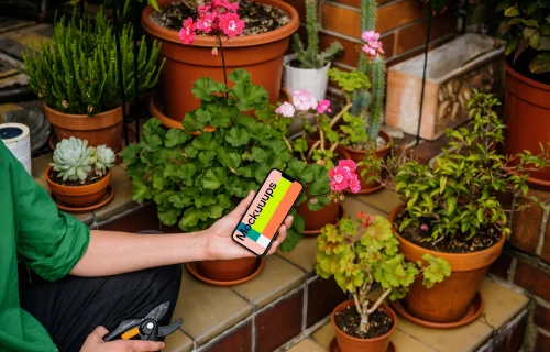 Female hand holding an iPhone 13 mockup in garden place