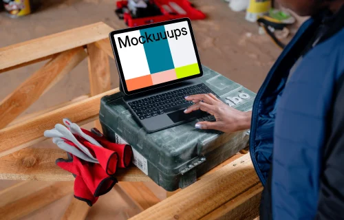 Female power in the construction industry with an iPad mockup