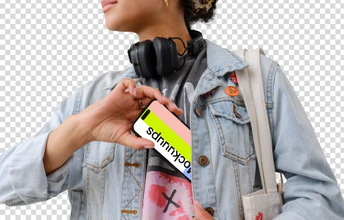 Female student with an iPhone 14 Pro mockup