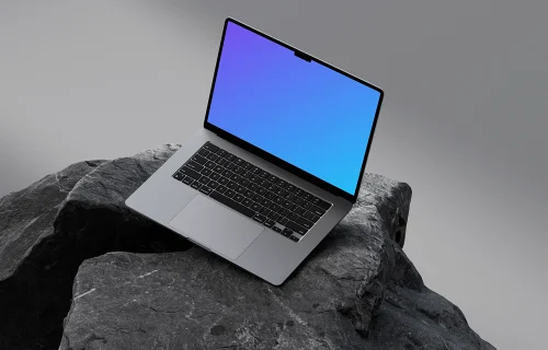 Free MacBook Air 15" mockup on dark textured rocks