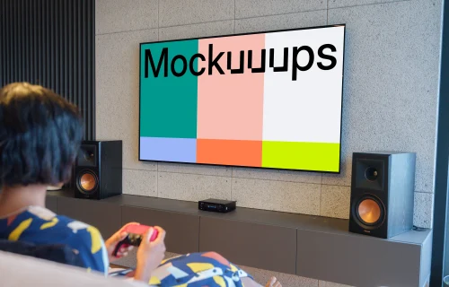 Gaming session TV mockup with sound system