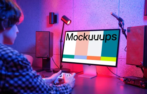 Gaming setup mockup with Apple Studio Display and ambient lighting