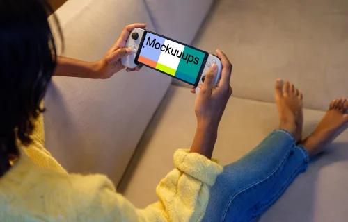 Google Pixel 6 mockup with gaming grip in a cozy living room