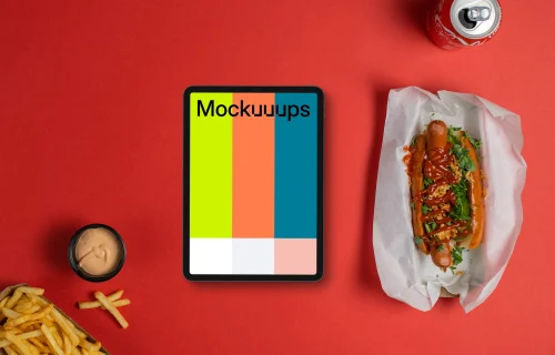 Hot dog next to the tablet mockup