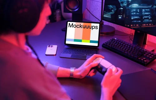 iPad Air mockup in a gaming setup with ambient lighting