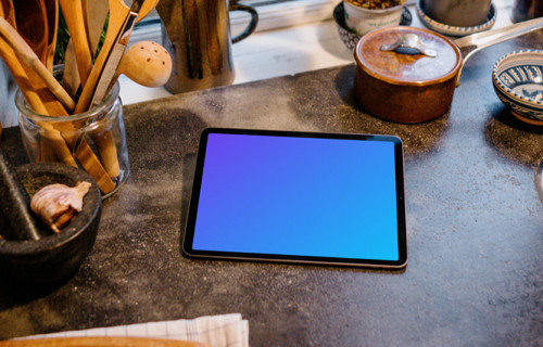 iPad Air mockup in an elevated position on a kitchen table