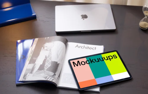 iPad Air mockup on a table with magazine