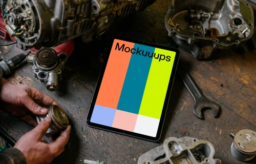 iPad Air mockup placed on a workbench