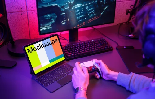 iPad Air mockup with gaming controller in neon-lit room