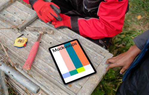iPad mockup at construction work