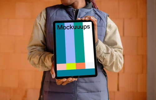 iPad mockup with women in construction context