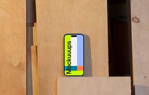 iPhone 14 Pro mockup placed on a wooden board