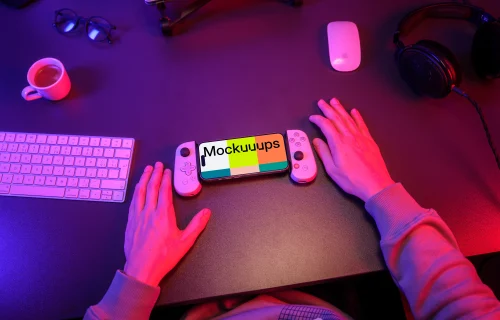 iPhone 15 Pro mockup gaming setup with handheld controller