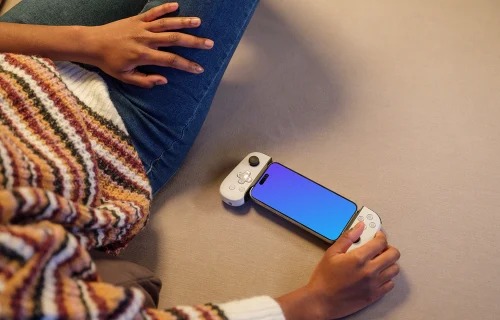 iPhone 15 Pro mockup in a casual gaming setup