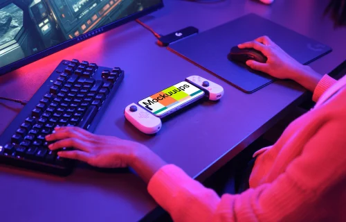 iPhone 15 Pro mockup in a gamer's setup