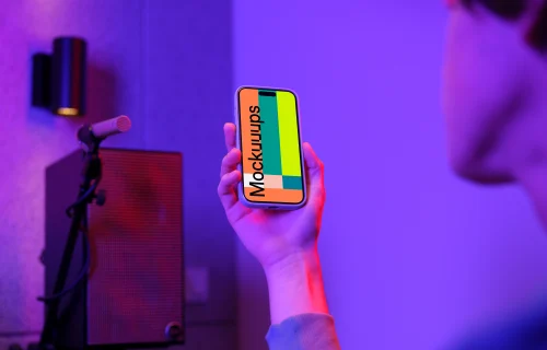 iPhone 15 Pro mockup in a gaming studio